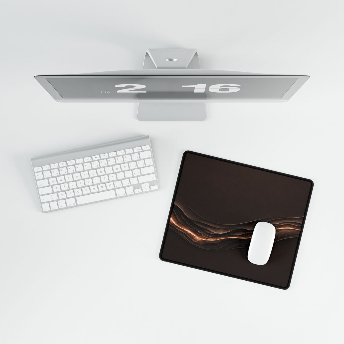 Printify preview: Espresso Radiance, 14.4 × 12.1 inches, overhead desk view with keyboard and mouse.