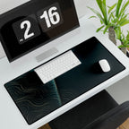 Printify preview: Teal Optic, 31.5 × 15.5 inches, with keyboard and mouse on a white desk, viewed at an angle.