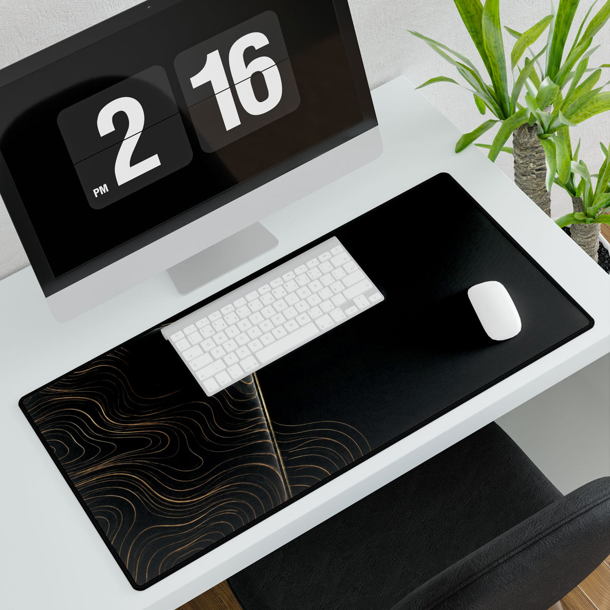 Printify preview: Obsidian Optic, 31.5 × 15.5 inches, with keyboard and mouse on a white desk, viewed at an angle.
