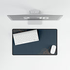 Printify preview: Minimal Slate Copper, 23.6 × 13.8 inches, overhead desk view with keyboard and mouse.