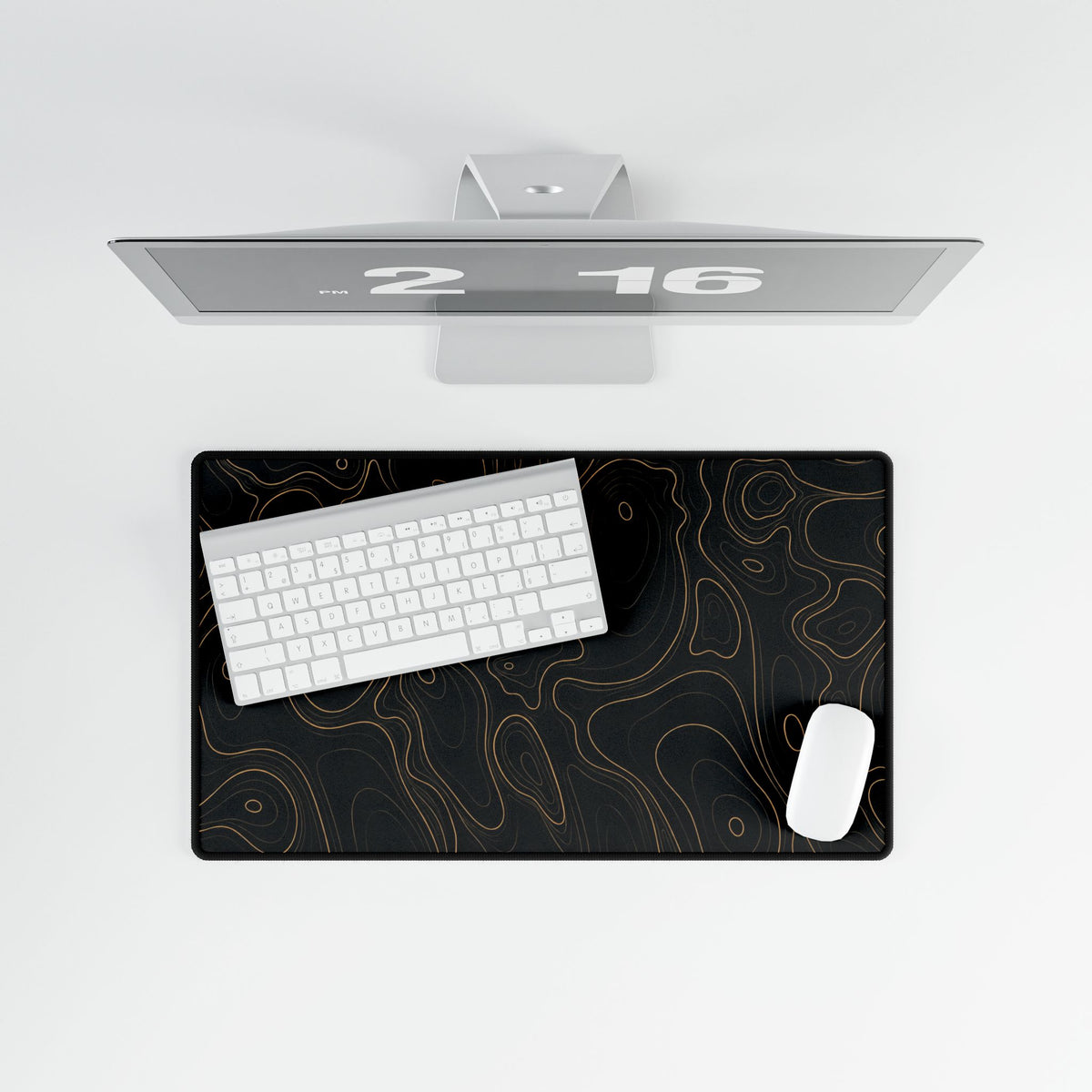 Printify preview: Obsidian Atlas, 23.6 × 13.8 inches, overhead desk view with keyboard and mouse.