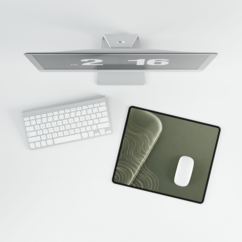 Printify preview: overhead view of Sage Optic, 14.4 × 12.1 inches, with a mouse beside a keyboard.