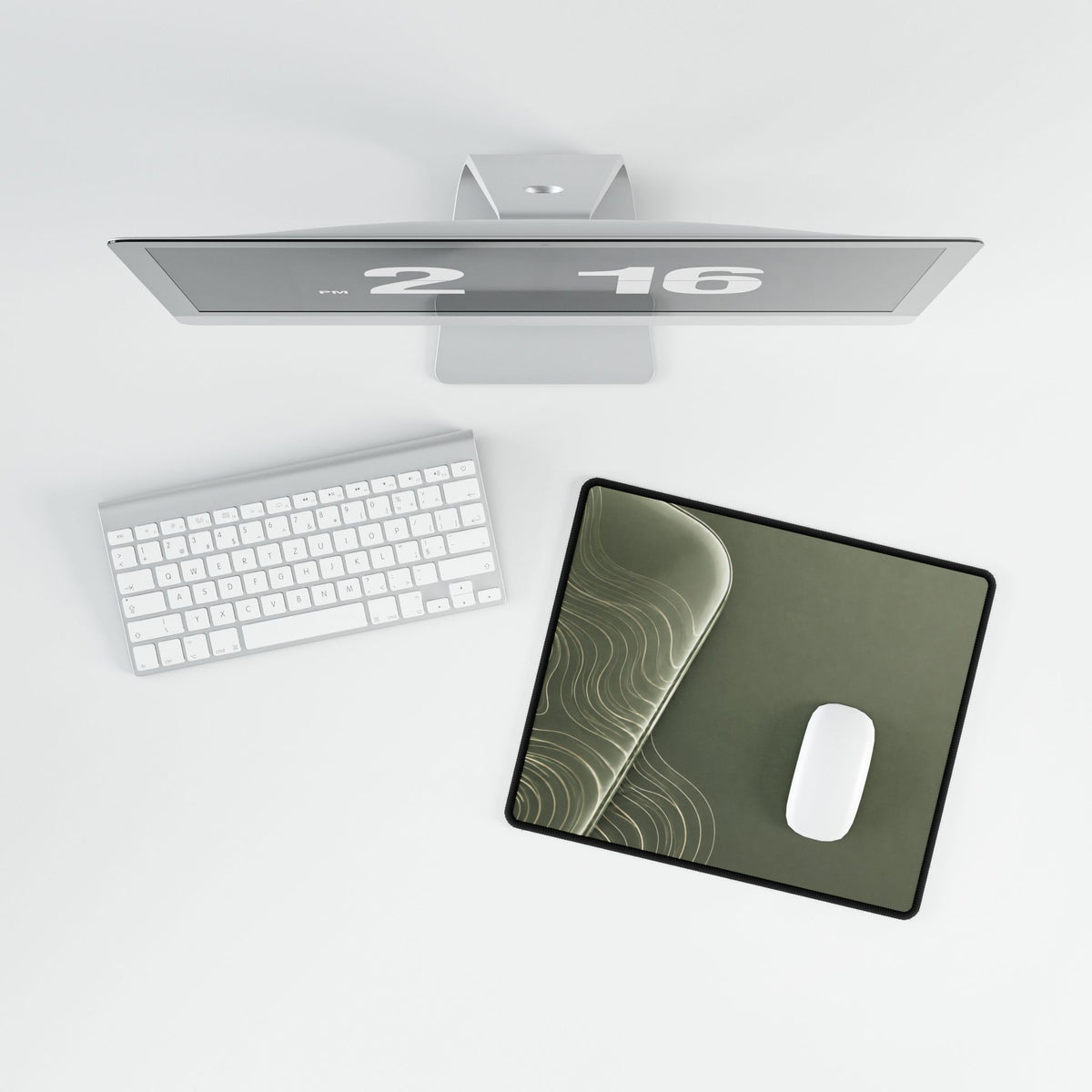 Printify preview: overhead view of Sage Optic, 14.4 × 12.1 inches, with a mouse beside a keyboard.