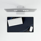 Printify preview: Navy Relief, 23.6 × 13.8 inches, overhead desk view with keyboard and mouse.