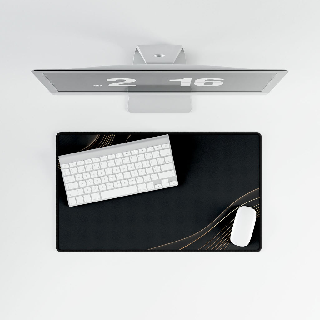 Printify preview: Obsidian Relief, 23.6 × 13.8 inches, overhead desk view with keyboard and mouse.
