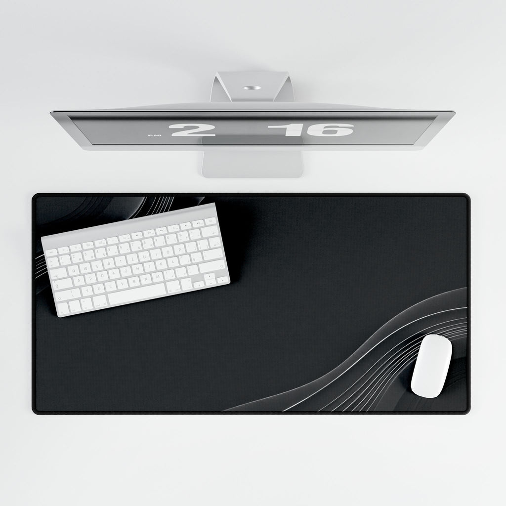 Printify preview: Charcoal Relief, 31.5 × 15.5 inches, overhead desk view with keyboard and mouse.