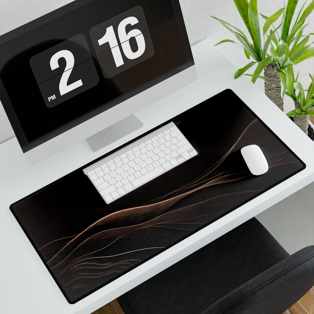 Printify preview: Espresso Horizon, 31.5 × 15.5 inches, with keyboard and mouse on a white desk, viewed at an angle.