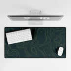 Printify preview: Teal Atlas, 31.5 × 15.5 inches, overhead desk view with keyboard and mouse.