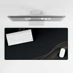 Printify preview: Obsidian Relief, 31.5 × 15.5 inches, overhead desk view with keyboard and mouse.