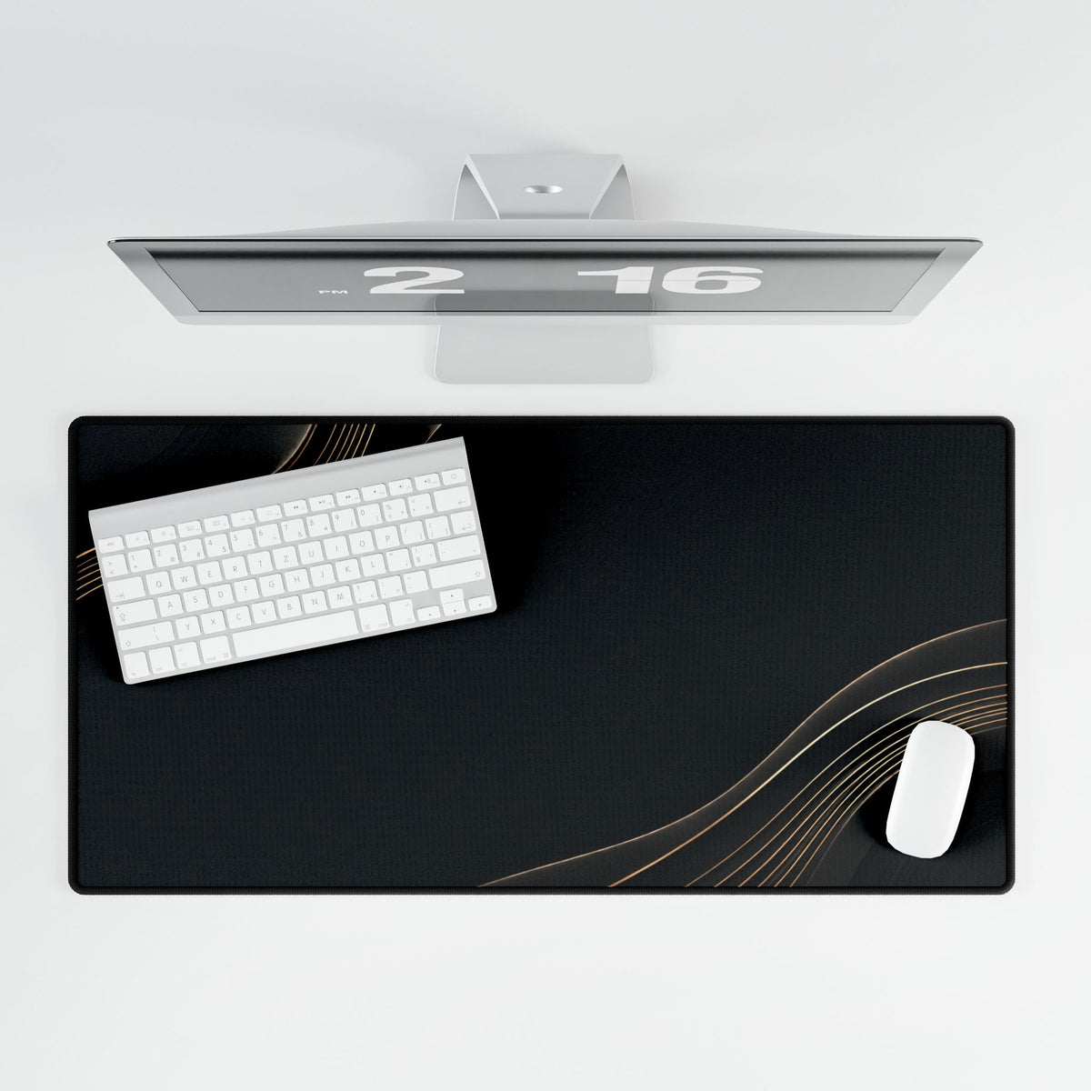 Printify preview: Obsidian Relief, 31.5 × 15.5 inches, overhead desk view with keyboard and mouse.