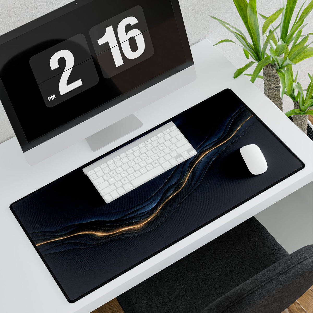 Printify preview: Navy Radiance, 31.5 × 15.5 inches, angled desk view with keyboard and mouse.
