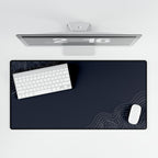 Overhead view of Minimal Navy desk mat beneath a keyboard and mouse on a white desk.