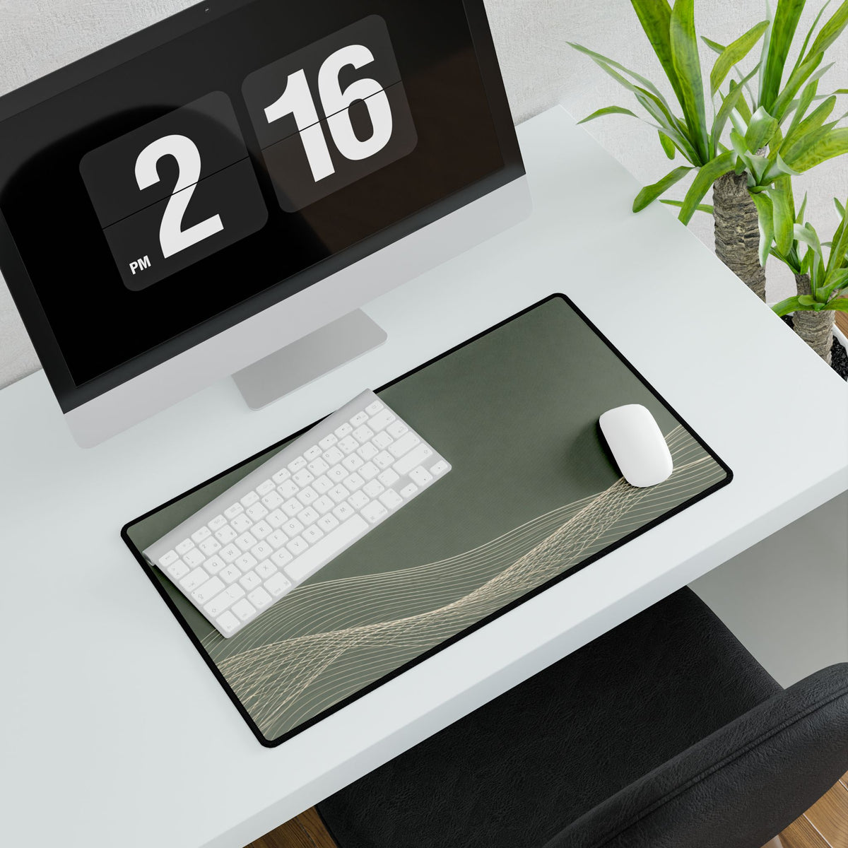 Printify preview: Sage Interference, 23.6 × 13.8 inches, with keyboard and mouse on a white desk, viewed at an angle.