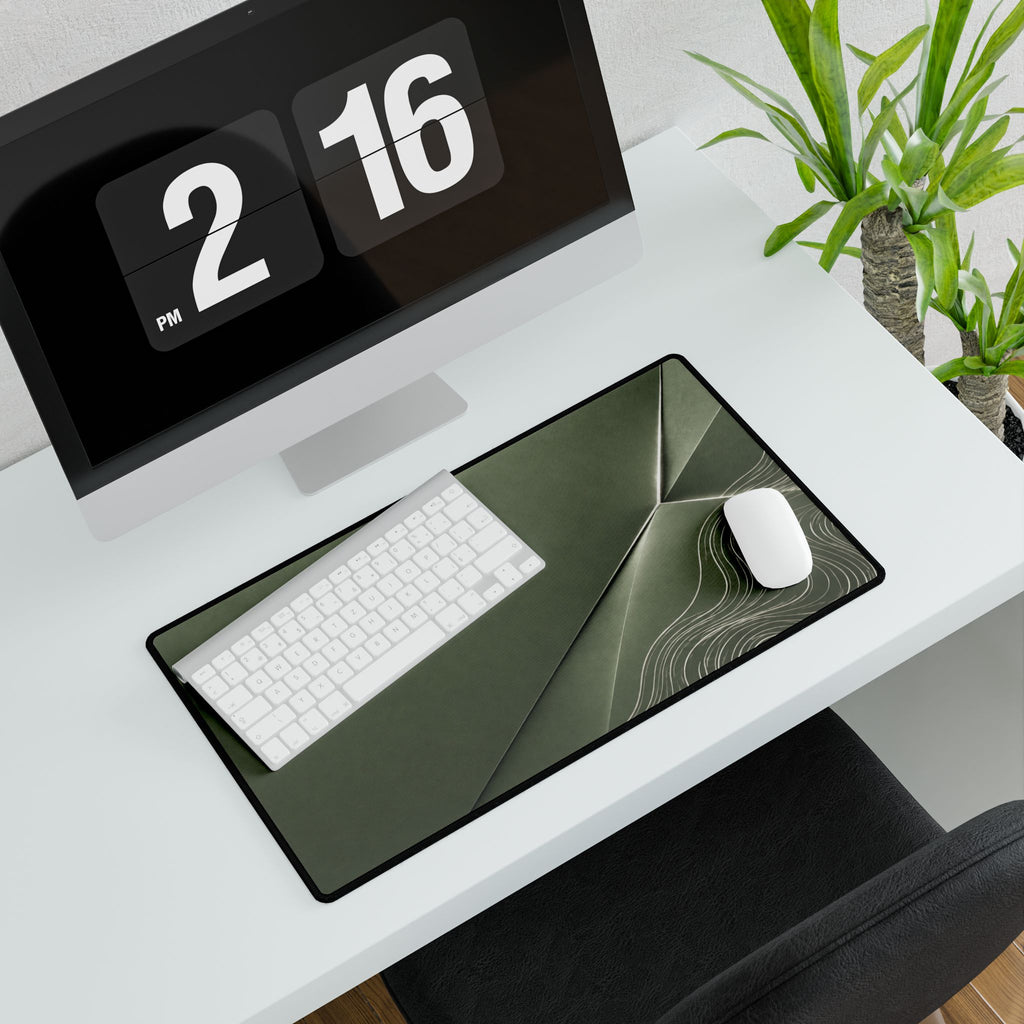 Printify preview: Sage Facet, 23.6 × 13.8 inches, angled desk view with keyboard and mouse.