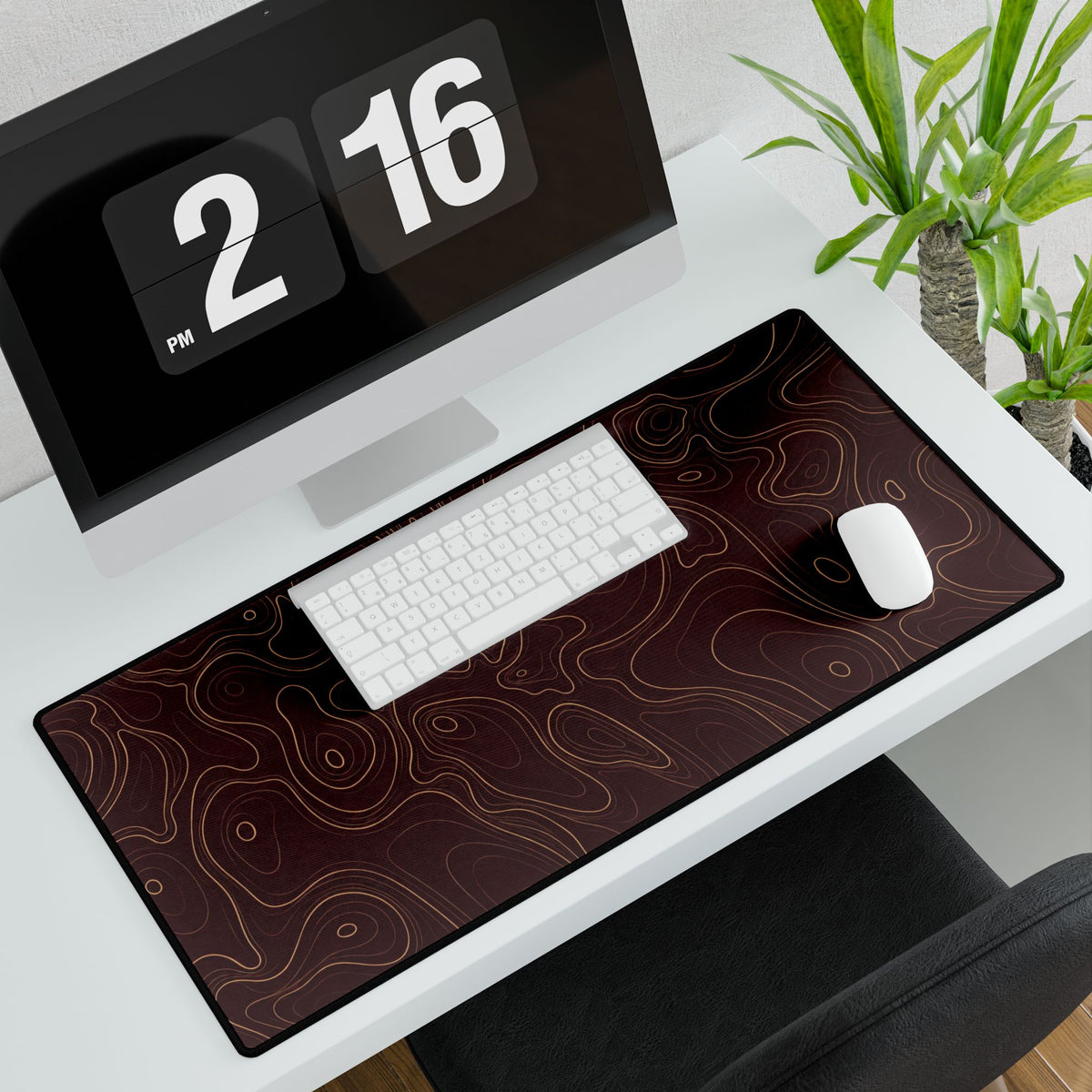 Printify preview: Burgundy Atlas, 31.5 × 15.5 inches, angled desk view with keyboard and mouse.