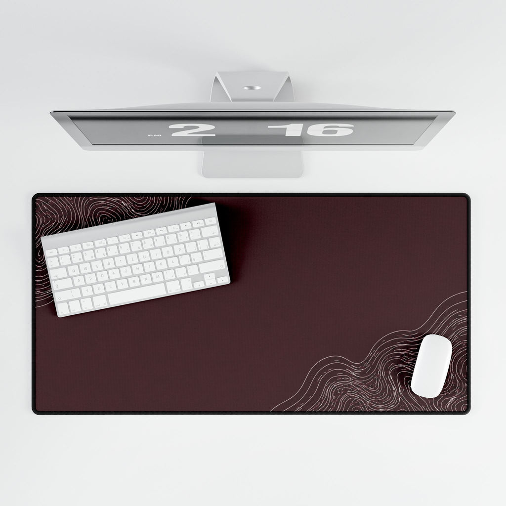 Printify preview: Minimal Oxblood Platinum, 31.5 × 15.5 inches, overhead desk view with keyboard and mouse.