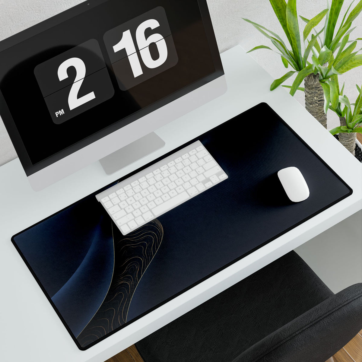Printify preview: Navy Fold, 31.5 × 15.5 inches, angled desk view with keyboard and mouse.