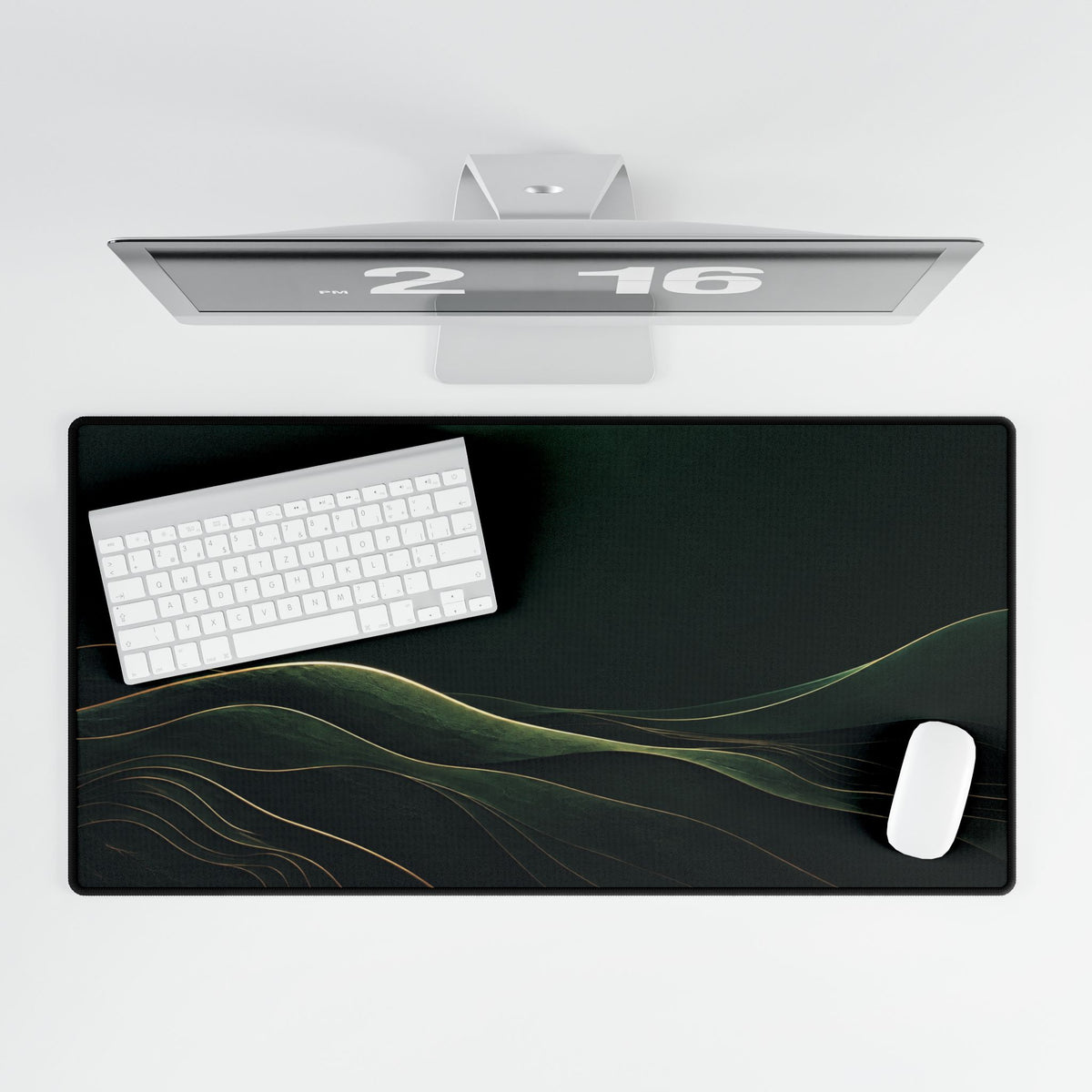 Printify preview: overhead view of Forest Horizon, 31.5 × 15.5 inches, with keyboard and mouse.
