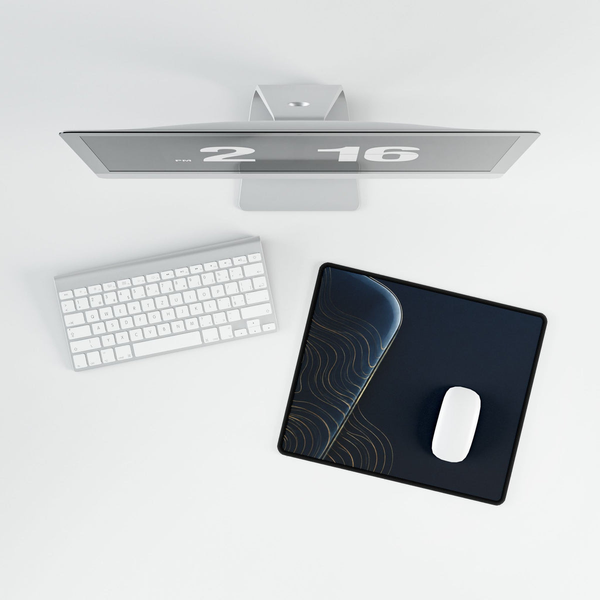 Printify preview: overhead view of Navy Optic, 14.4 × 12.1 inches, with a mouse beside a keyboard.
