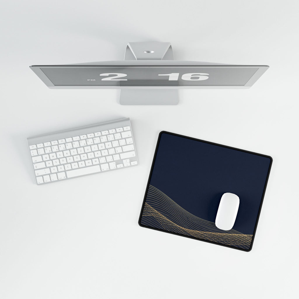 Printify preview: overhead view of Navy Interference, 14.4 × 12.1 inches, with a mouse beside a keyboard.