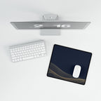 Printify preview: overhead view of Navy Interference, 14.4 × 12.1 inches, with a mouse beside a keyboard.