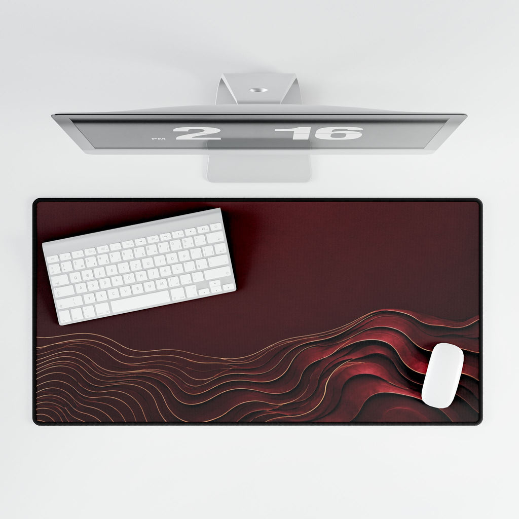 Printify preview: overhead view of Burgundy Evolution, 31.5 × 15.5 inches, with keyboard and mouse.