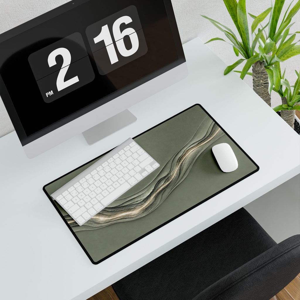 Printify preview: Sage Radiance, 23.6 × 13.8 inches, angled desk view with keyboard and mouse.