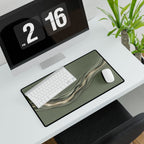 Printify preview: Sage Radiance, 23.6 × 13.8 inches, angled desk view with keyboard and mouse.