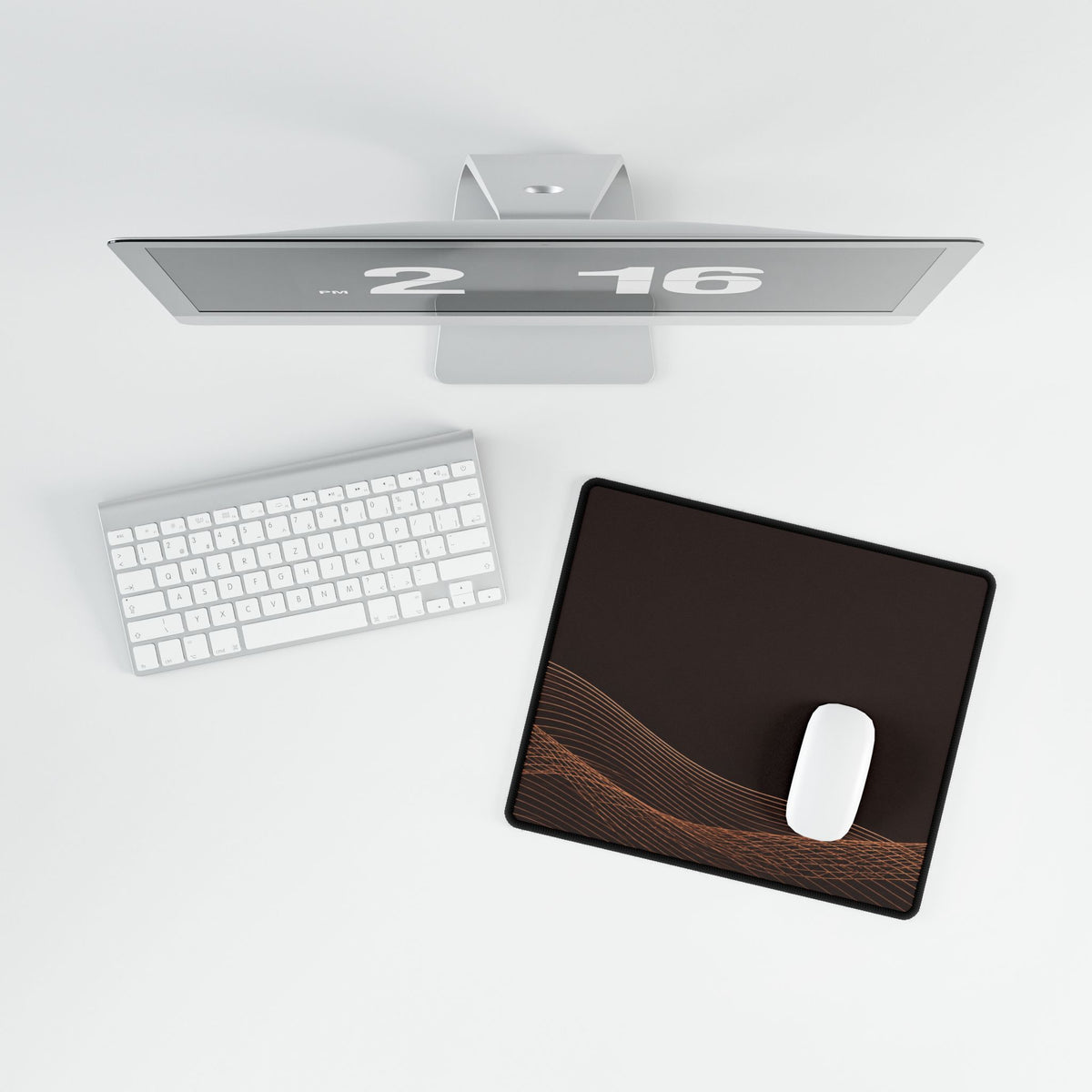 Printify preview: overhead view of Espresso Interference, 14.4 × 12.1 inches, with a mouse beside a keyboard.