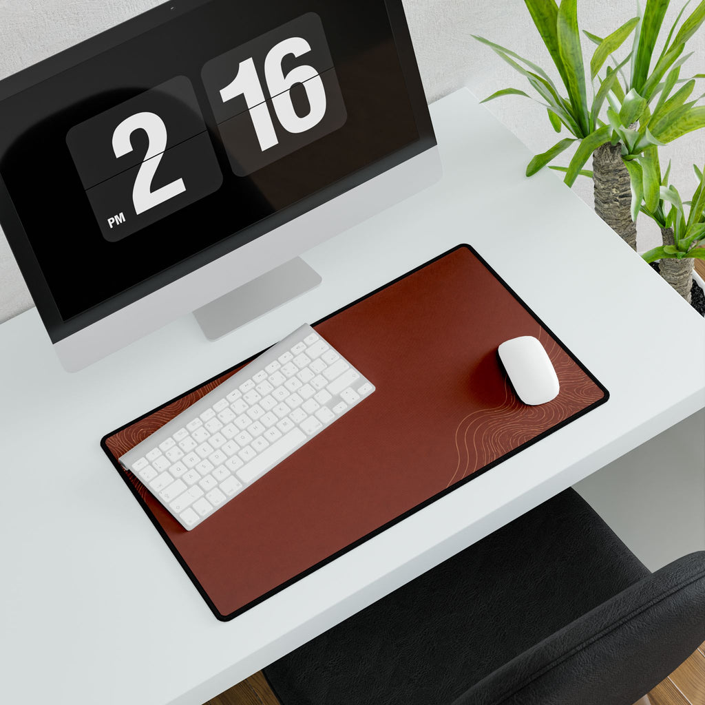 Printify preview: Minimal Terra Ember, 14.4 × 12.1 inches, angled desk view with keyboard and mouse.