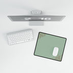 Printify preview: Minimal Celadon Bronze, 14.4 × 12.1 inches, overhead desk view with keyboard and mouse.