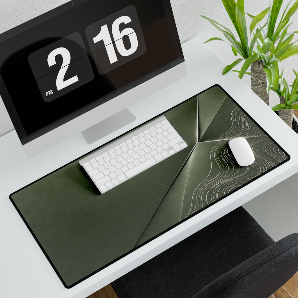 Printify preview: Sage Facet, 31.5 × 15.5 inches, angled desk view with keyboard and mouse.
