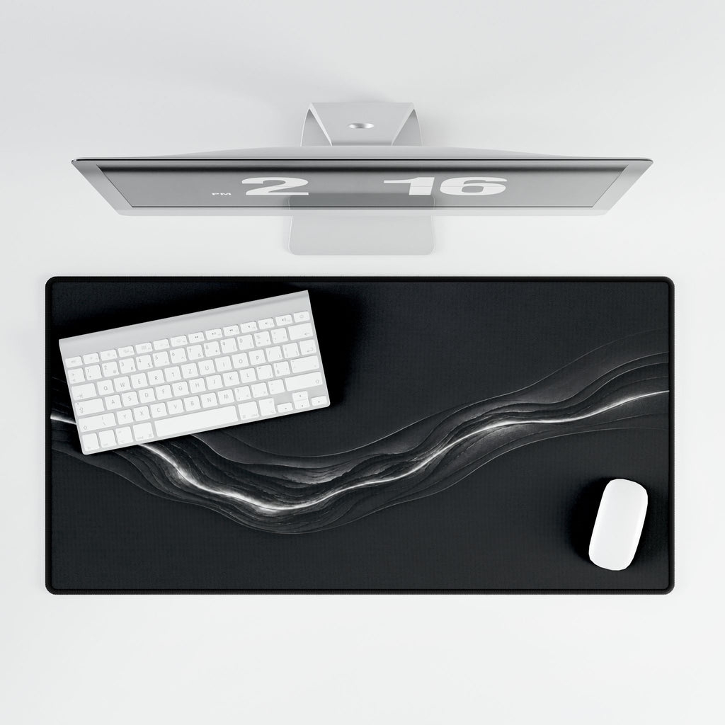 Printify preview: Charcoal Radiance, 31.5 × 15.5 inches, overhead desk view with keyboard and mouse.