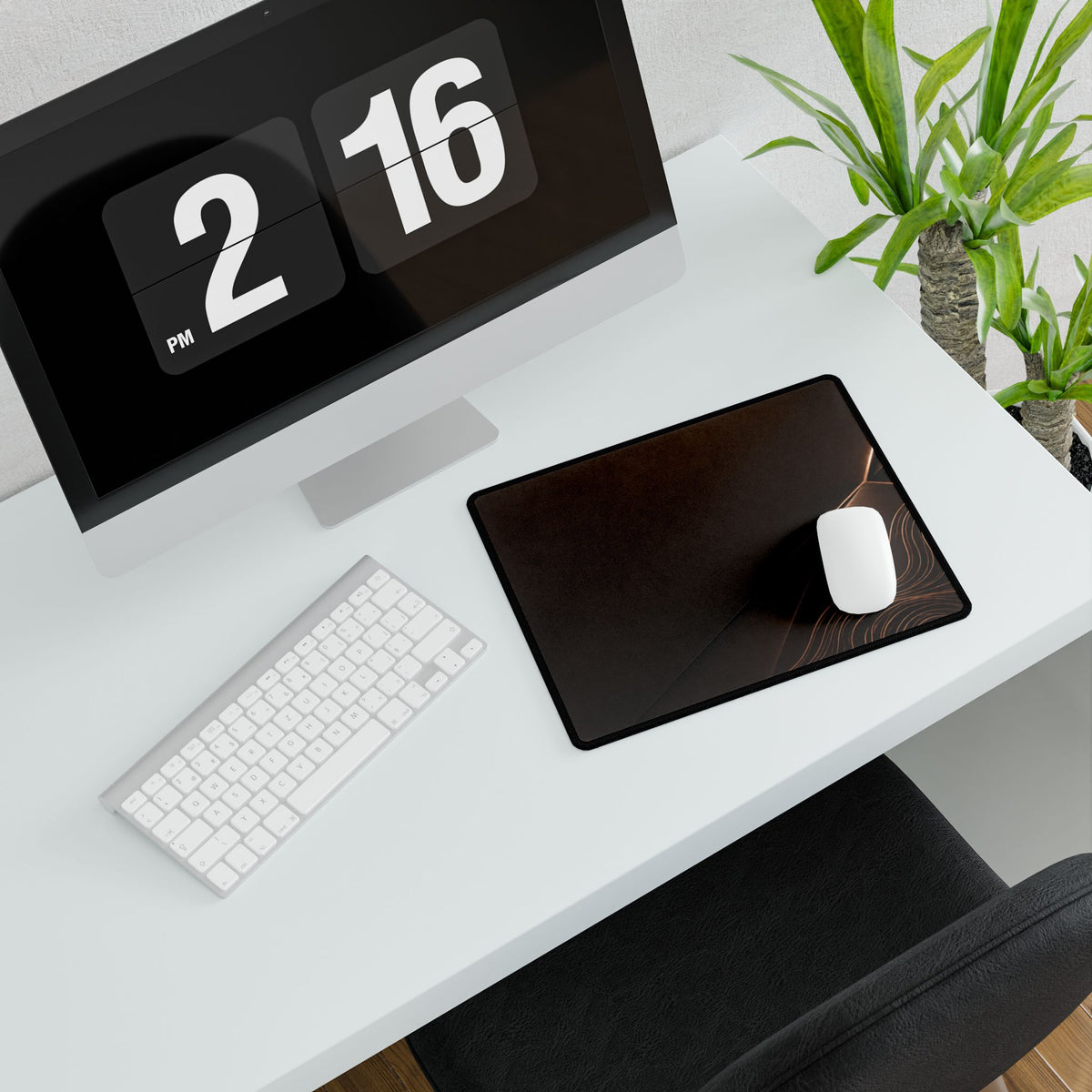 Printify preview: Espresso Facet, 14.4 × 12.1 inches, angled desk view with keyboard and mouse.