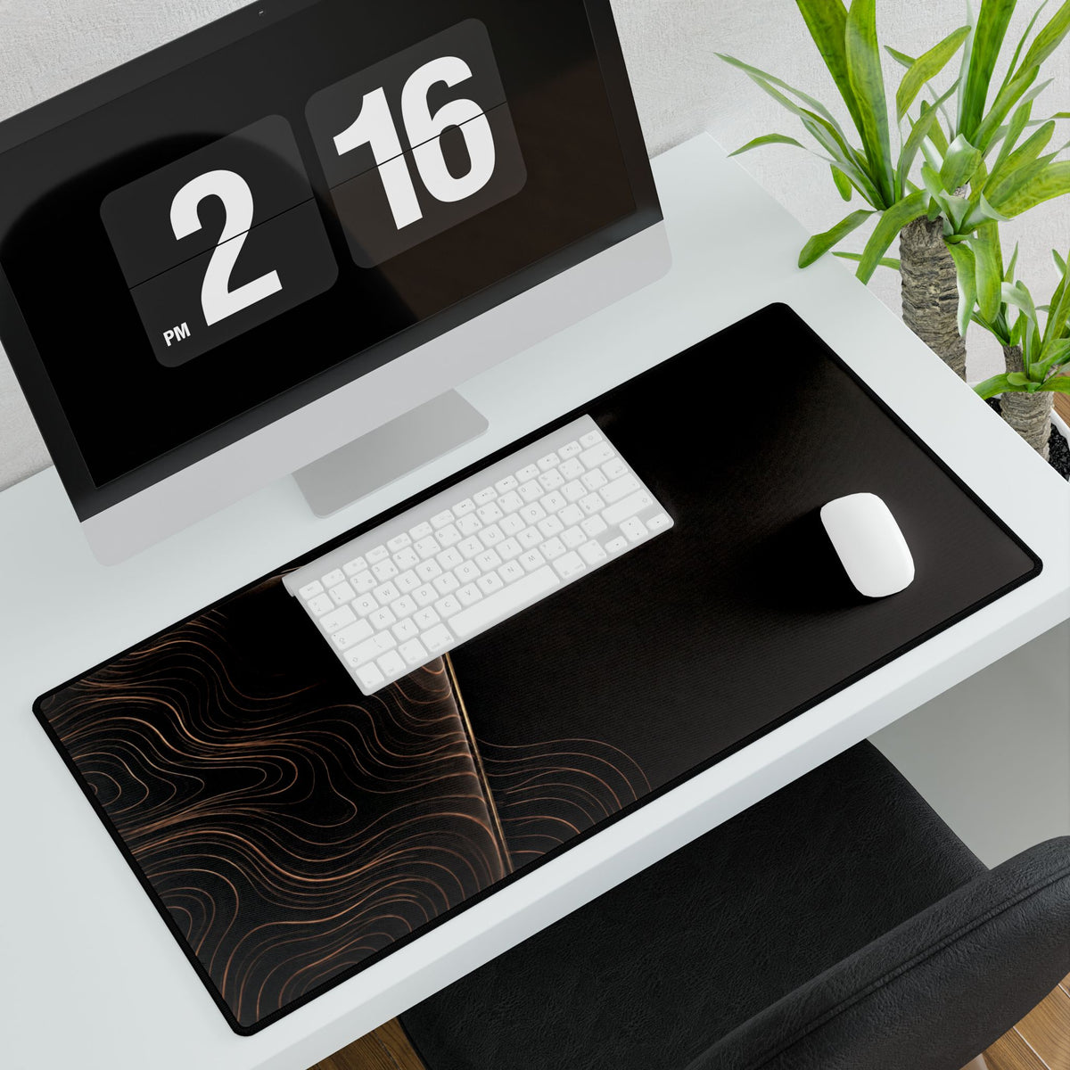 Printify preview: Espresso Optic, 31.5 × 15.5 inches, with keyboard and mouse on a white desk, viewed at an angle.