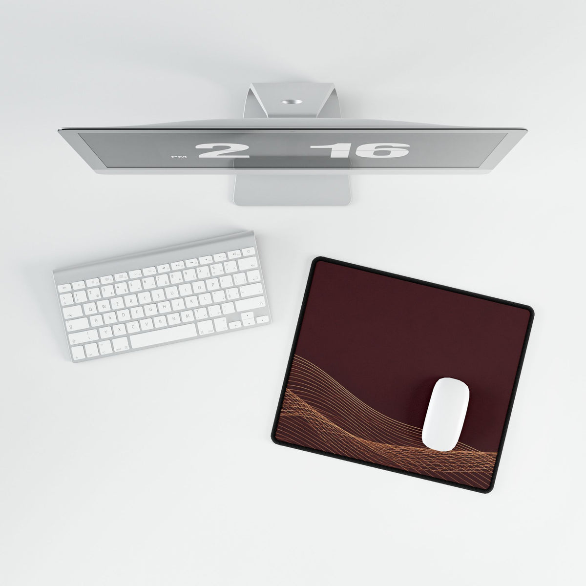 Printify preview: overhead view of Burgundy Interference, 14.4 × 12.1 inches, with a mouse beside a keyboard.