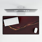 Printify preview: Burgundy Radiance, 31.5 × 15.5 inches, overhead desk view with keyboard and mouse.