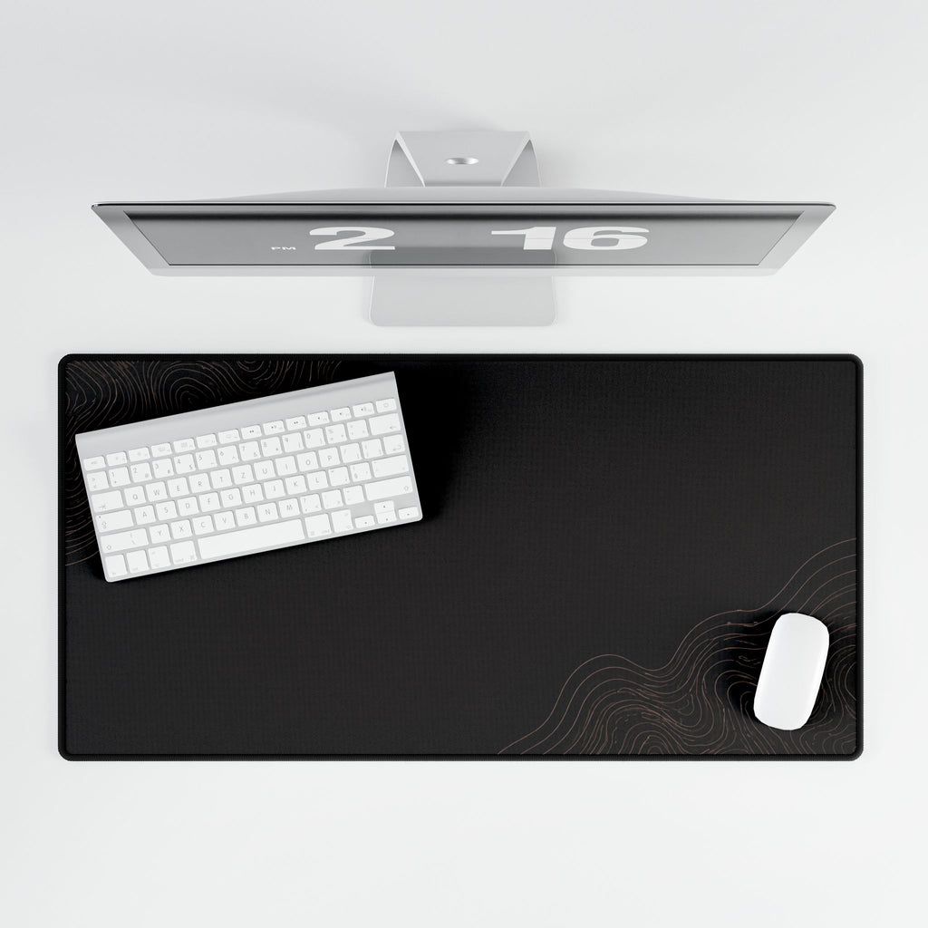 Printify preview: Minimal Espresso Bronze, 31.5 × 15.5 inches, overhead desk view with keyboard and mouse.