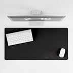 Printify preview: Minimal Espresso Bronze, 31.5 × 15.5 inches, overhead desk view with keyboard and mouse.