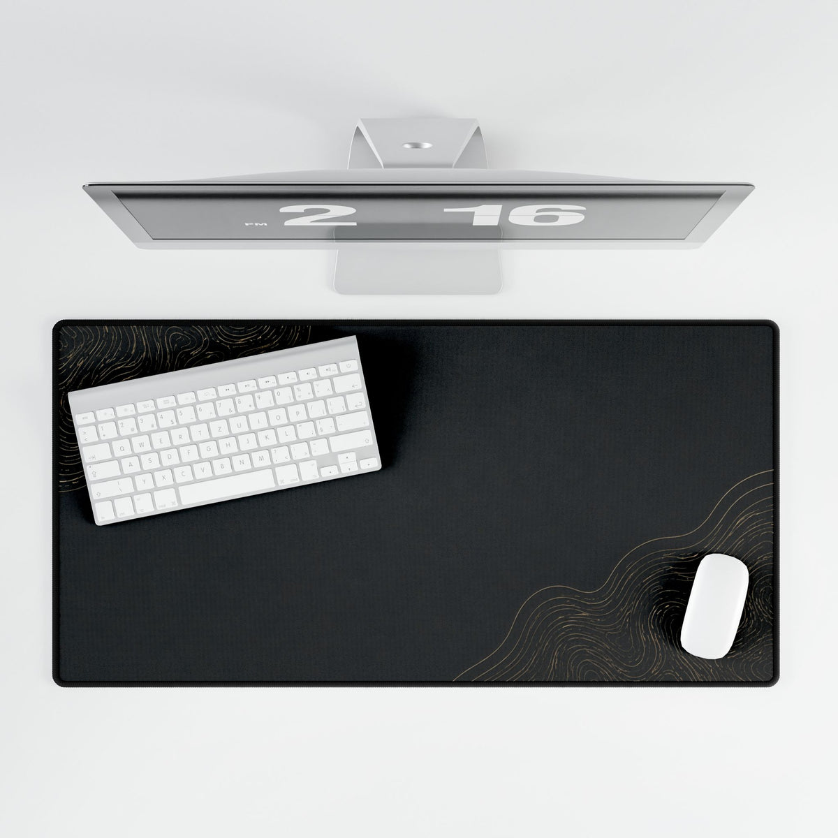 Printify preview: Minimal Obsidian Gold, 31.5 × 15.5 inches, overhead desk view with keyboard and mouse.