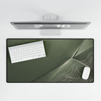 Printify preview: Sage Facet, 31.5 × 15.5 inches, overhead desk view with keyboard and mouse.