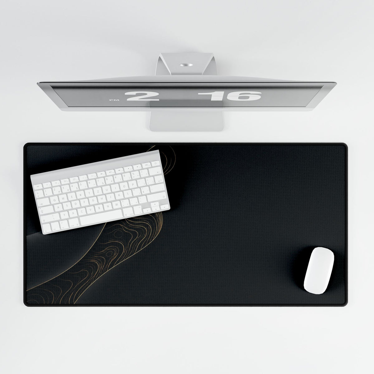 Printify preview: Obsidian Fold, 31.5 × 15.5 inches, overhead desk view with keyboard and mouse.
