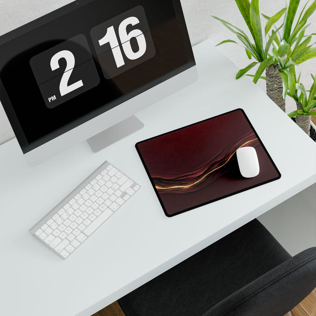 Printify preview: Burgundy Radiance, 14.4 × 12.1 inches, angled desk view with keyboard and mouse.