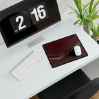 Printify preview: Burgundy Radiance, 14.4 × 12.1 inches, angled desk view with keyboard and mouse.