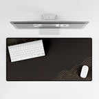 Overhead view of Minimal Chocolate desk mat beneath a keyboard and mouse on a white desk.