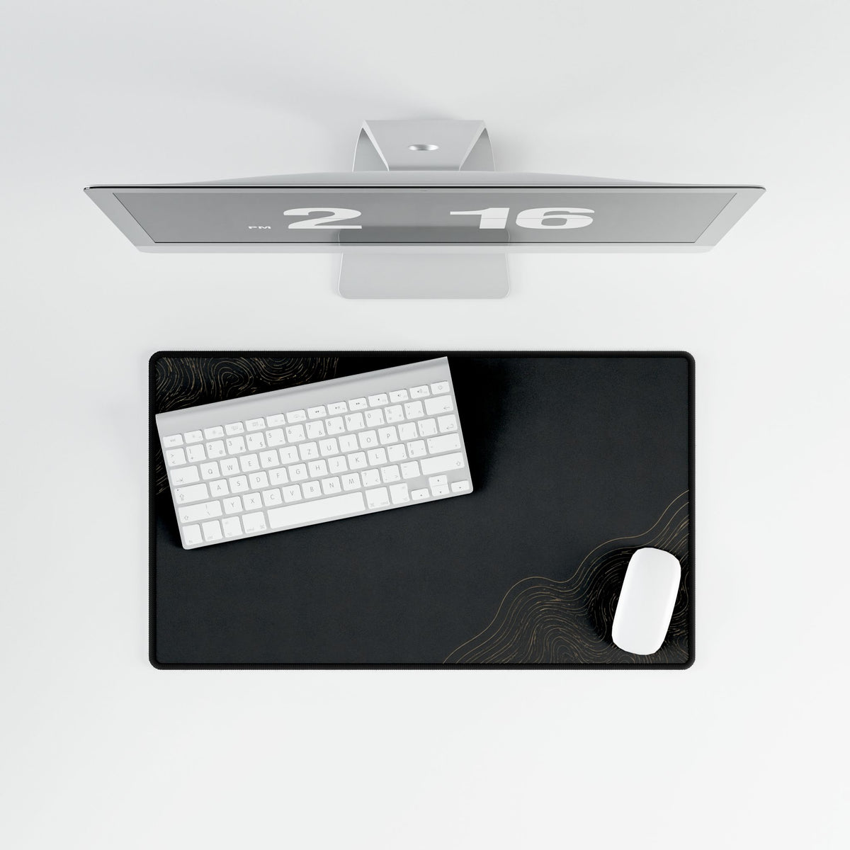 Printify preview: Minimal Obsidian Gold, 23.6 × 13.8 inches, overhead desk view with keyboard and mouse.