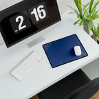 Printify preview: Minimal Cobalt Pearl, 14.4 × 12.1 inches, angled desk view with keyboard and mouse.