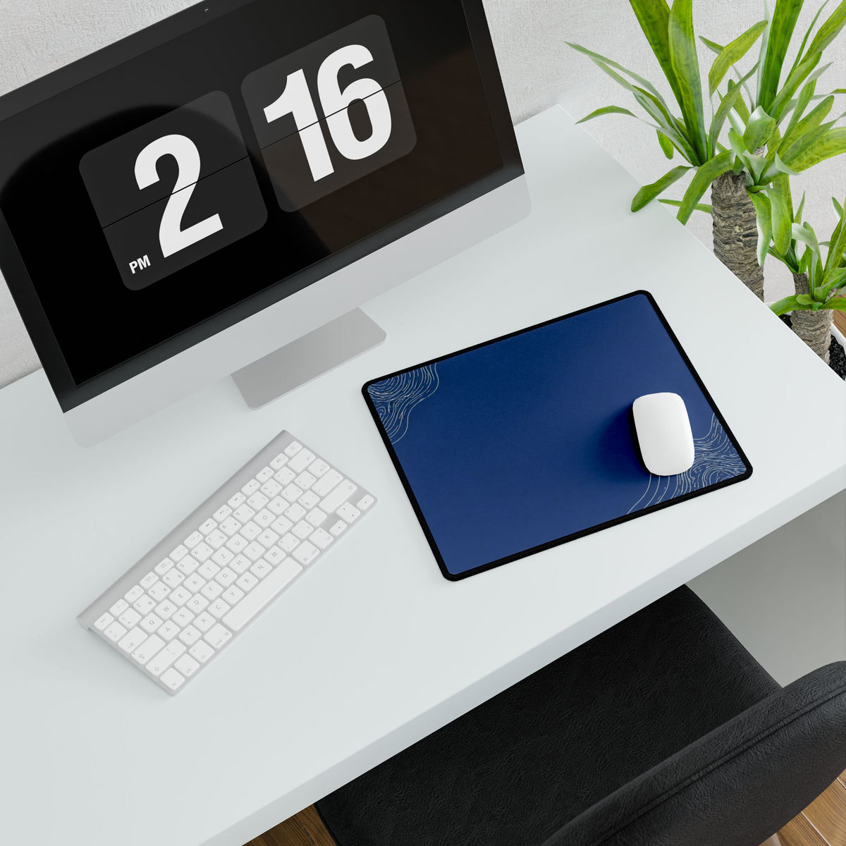 Printify preview: Minimal Cobalt Pearl, 14.4 × 12.1 inches, angled desk view with keyboard and mouse.