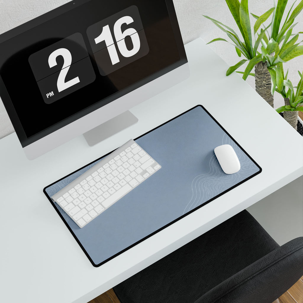 Printify preview: Minimal Artic Mist, 14.4 × 12.1 inches, angled desk view with keyboard and mouse.