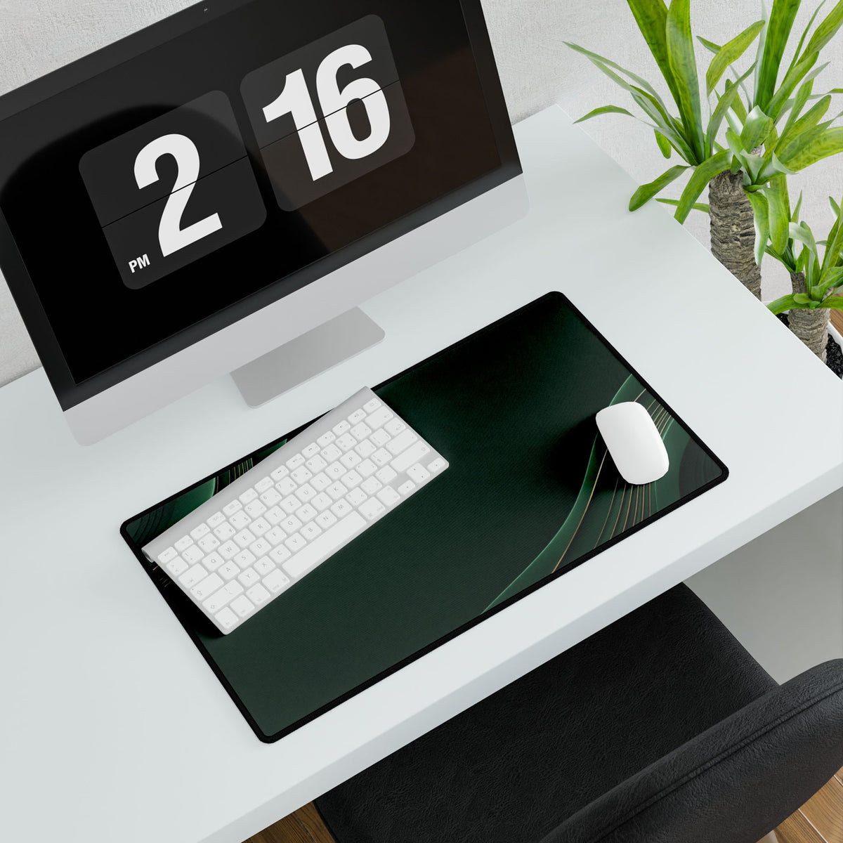 Printify preview: Forest Relief, 23.6 × 13.8 inches, angled desk view with keyboard and mouse.